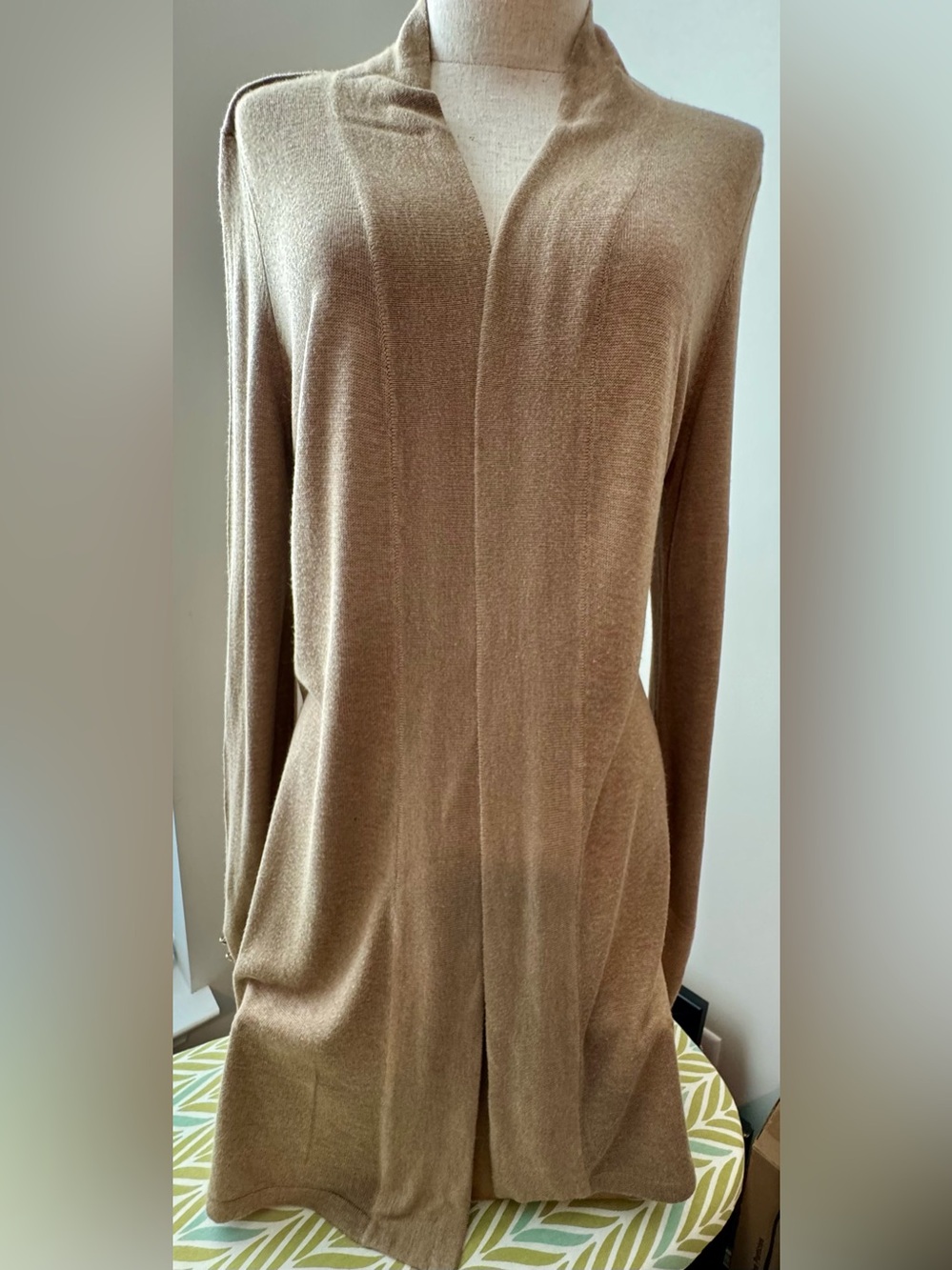 White House Black Market Camel Open-Front Lightweight Crew Sweater